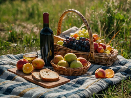 Picnic basket with wine, fruits and bread on blanket in countrysideの素材
