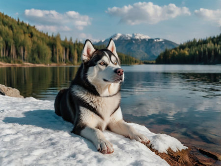 Siberian Husky sitting on the shore of the lake.の素材