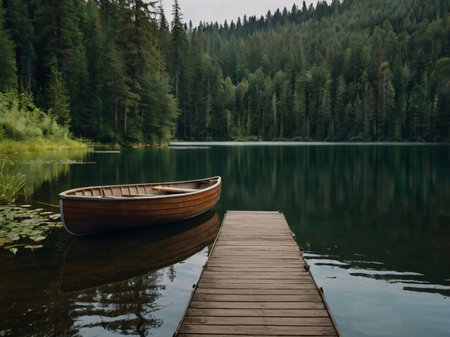 Wooden boat on a lake in the Carpathians, Ukraineの素材