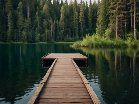 Wooden pier on a lake in the forest. Lake in the mountains.の素材