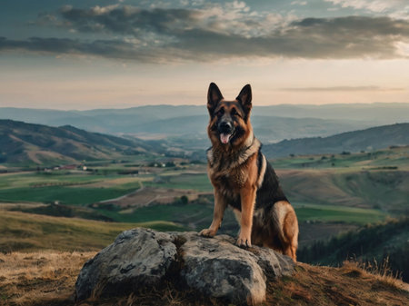 German shepherd dog on the top of a mountain with beautiful landscape at sunsetの素材