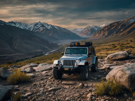 Off-road vehicle in the mountains at sunset, Ladakh, Indiaの素材