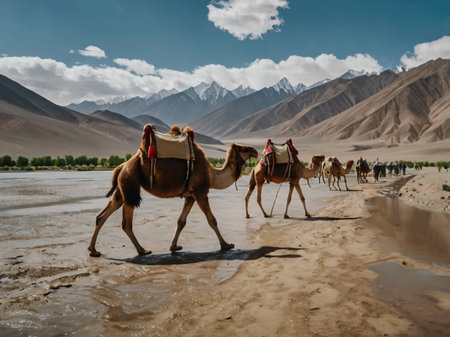 Camels in Nubra Valley, Ladakh, Jammu and Kashmir, Indiaの素材