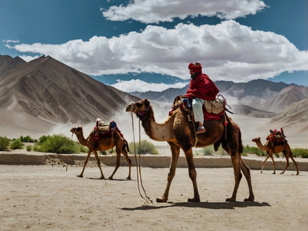 Camels in the desert at Ladakh, Jammu and Kashmir, Indiaの素材