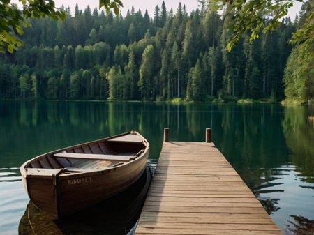 Wooden boat on a lake in the middle of the forest.の素材