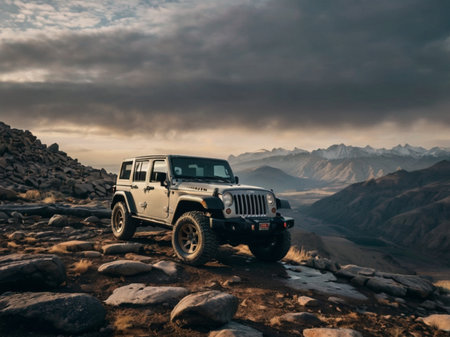 Off-road vehicle Jeep Wrangler in the mountains.の素材