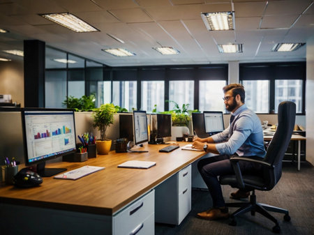Portrait of confident businessman working on computer at desk in creative officeの素材