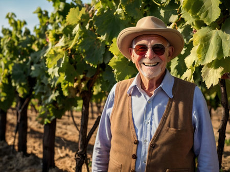 Portrait of senior man with hat and sunglasses in vineyard on a sunny dayの素材