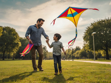 Father and son playing with a kite in the park. Concept of friendly family.の素材