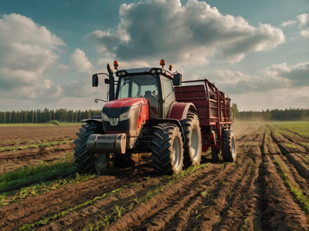 Tractor with a trailer working on a field in the summer.の素材