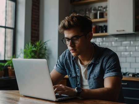 young man in eyeglasses using laptop while sitting at table in cafeの素材