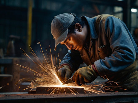 Worker cutting steel with electric arc welding machine in a factory.の素材
