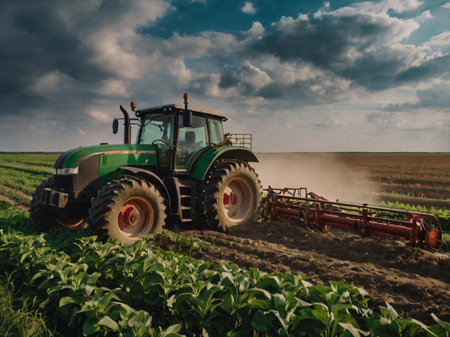 Tractor spraying pesticides on sunflower field with sprayer at springの素材