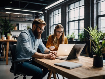 businessman and businesswoman in eyeglasses using laptop in officeの素材