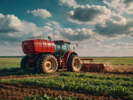 Farmer in tractor preparing land with seedbed cultivator at fieldの素材