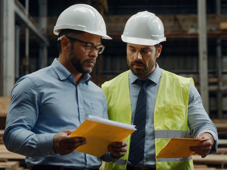 Architects discussing over blueprint at construction site. Confident mature African American man and Caucasian colleague in hardhats discussing project.の素材