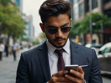 Handsome young man in suit and sunglasses using mobile phone outdoorsの素材