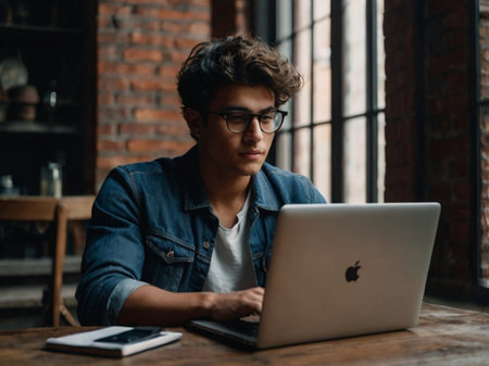 young man in eyeglasses using laptop while sitting at table in cafeの素材