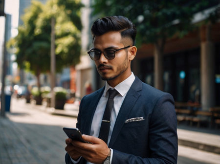 Portrait of a young handsome Indian businessman wearing suit and sunglasses using mobile phone outdoorsの素材