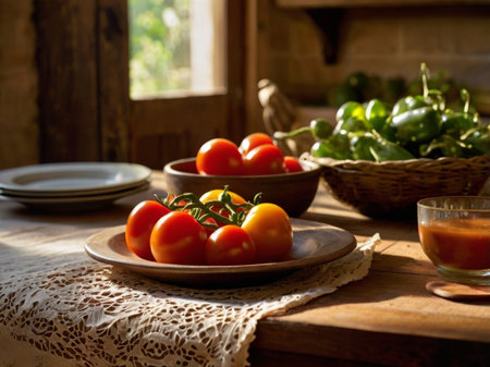 Tomatoes in a bowl on a wooden table in a rustic kitchenの素材