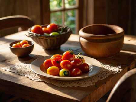 Cherry tomatoes on a plate on a rustic wooden table.の素材