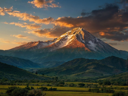 Beautiful mountain landscape at sunset, Kyrgyzstan, Central Asiaの素材