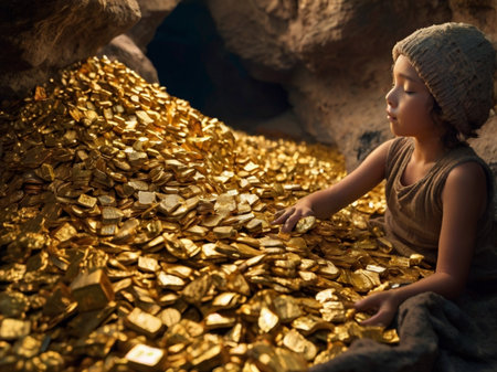 Little girl playing with gold coins in the cave of the cave.の素材