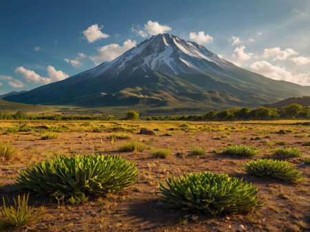 Beautiful view of Mt. Fuji with aloe vera plantの素材