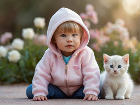 Little girl with a kitten in the park. Selective focus.の素材