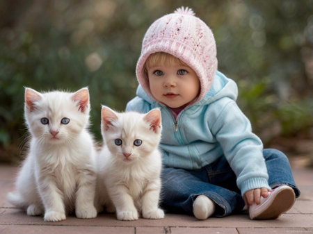 Cute little girl with three white kittens in the autumn park.の素材