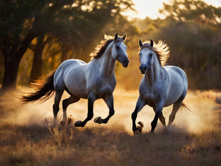 Two horses running gallop in the field at sunset. Horizontal imageの素材