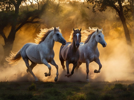 Horses run gallop in the dust in the sunset light.の素材