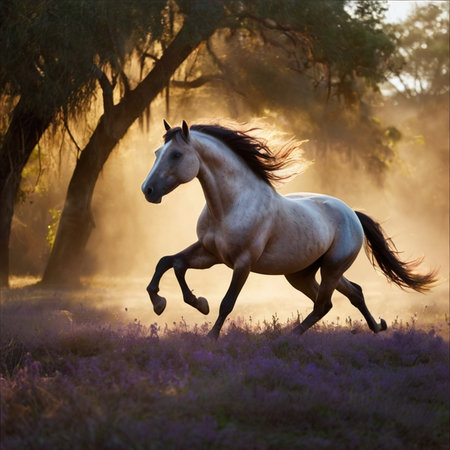 Beautiful white horse galloping in the meadow at sunrise.の素材