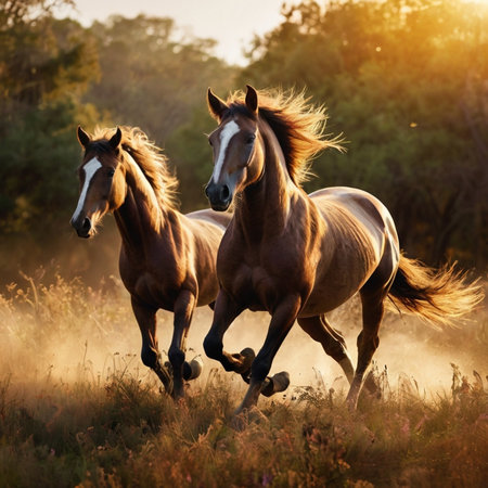 Two horses run gallop in the meadow at sunset. Beautiful horses in motion.の素材