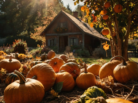 Pumpkins in front of a rustic wooden house in autumnの素材
