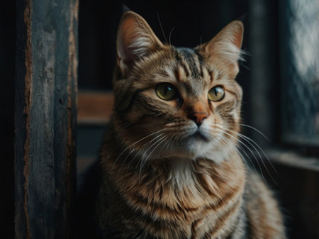 Portrait of a tabby cat looking at the camera with a sad expression.の素材