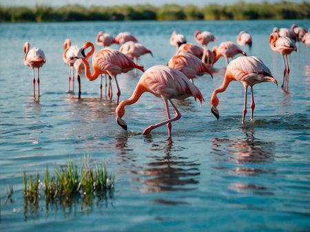 Group of pink flamingos in the lagoon, Camargue, Franceの素材