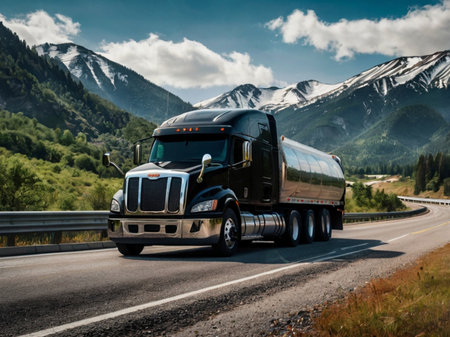 Truck on the road with mountains in the background. Concept of logistics and transportationの素材