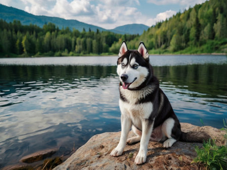 Siberian husky dog on the shore of a mountain lakeの素材