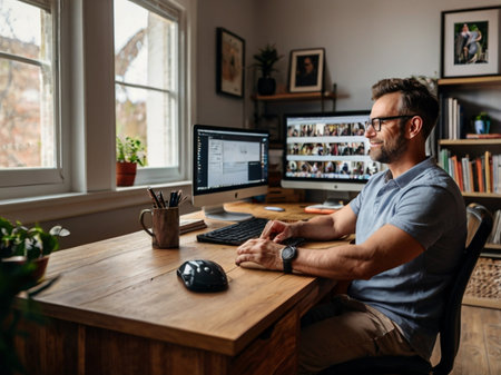 Photo of mature man in eyeglasses using computer while working at home.の素材