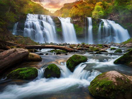 Waterfall in deep forest at sunset. Waterfall in tropical forestの素材