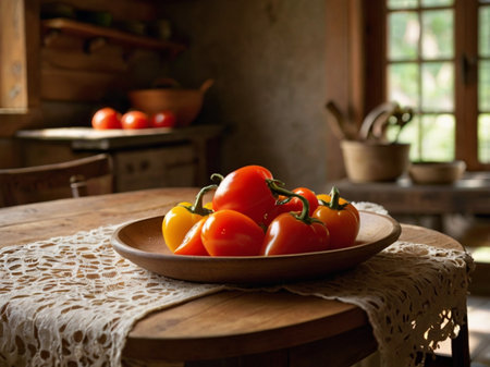 Fresh red and yellow tomatoes on a wooden table in a rustic kitchenの素材
