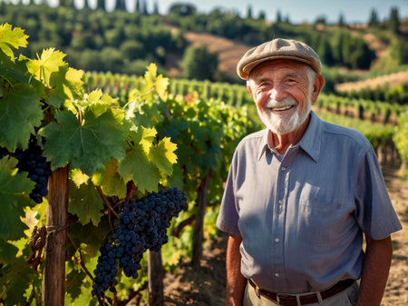 Portrait of happy senior man standing in vineyard and looking at cameraの素材