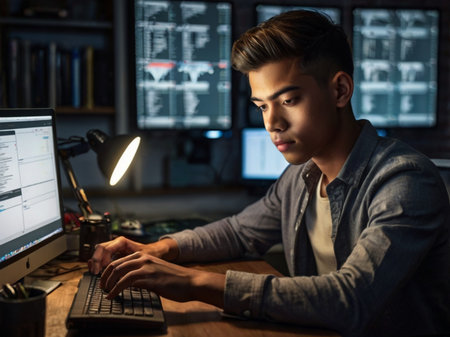 Young Asian man working on computer at night in dark office.の素材