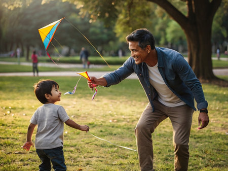Happy father and son playing with kite in the park. Concept of friendly family.の素材