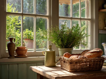 Bread and herbs in a basket on a wooden table in the kitchenの素材
