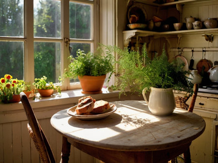 Rustic breakfast in the kitchen of an old country house. View from the windowの素材