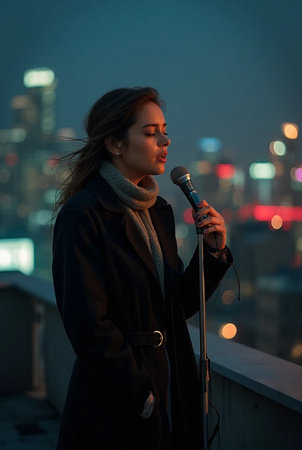 Young Asian woman singing with microphone in the city at night.の素材