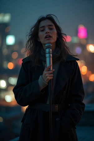 Portrait of beautiful Asian woman singing with microphone in the cityの素材