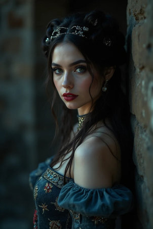 Portrait of a beautiful girl in a medieval dress. Fashion photo.の素材